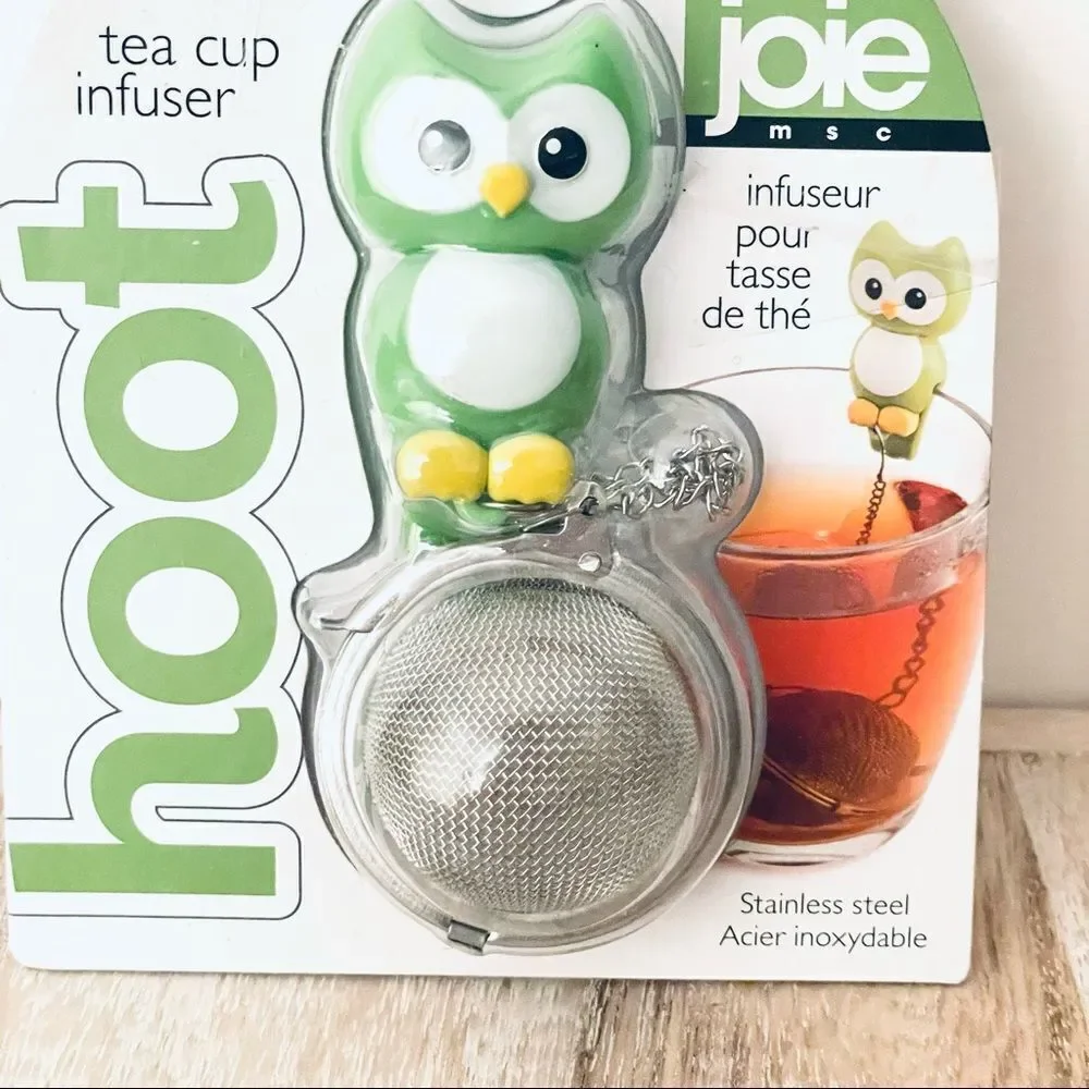 NWT JOIE Hoot stainless steel green white Owl Tea cup Infuser